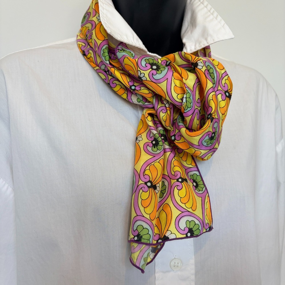 Vintage Scarf Psychedelic Floral Print 60x9 Yellow Orange Purple